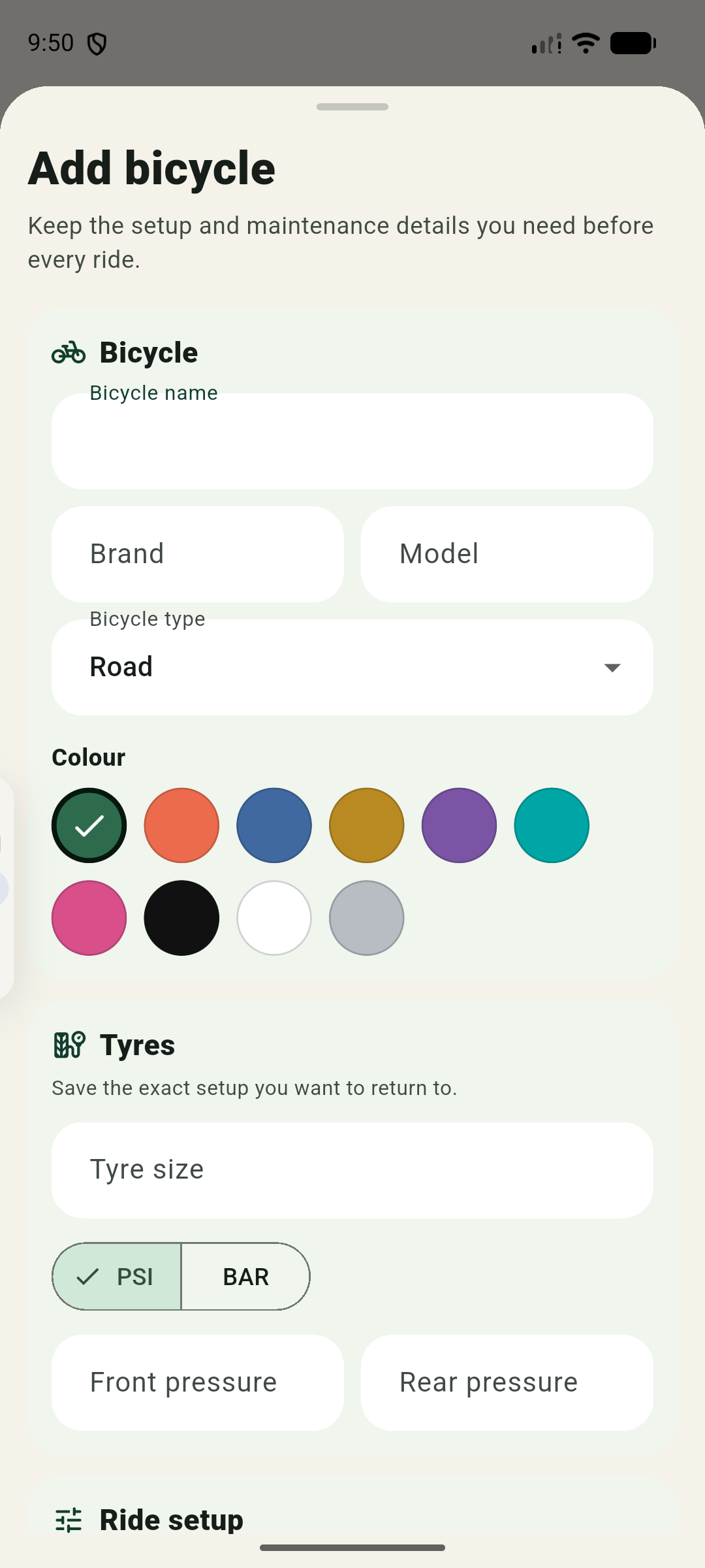 VeloForth Add bicycle screen with bicycle, colour, tyre pressure, and ride setup fields